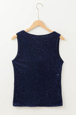 Load image into Gallery viewer, Dirty blue Sequined Deep V Neck Buttoned Tank Top - Fashion Queen - 8