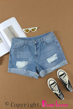 Load image into Gallery viewer, Distressed Ripped Rolled Hem Sky Blue Denim Shorts - Fashion Queen - 14