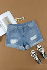 Load image into Gallery viewer, Distressed Ripped Rolled Hem Sky Blue Denim Shorts - Fashion Queen - 5