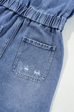 Load image into Gallery viewer, Dusk Blue Chest Pocket Front Buttoned Folded Edge Denim Short Sleeve Romper - Fashion Queen - 11