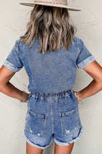 Load image into Gallery viewer, Dusk Blue Chest Pocket Front Buttoned Folded Edge Denim Short Sleeve Romper - Fashion Queen - 2