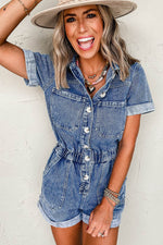 Load image into Gallery viewer, Dusk Blue Chest Pocket Front Buttoned Folded Edge Denim Short Sleeve Romper - Fashion Queen - 3