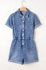 Load image into Gallery viewer, Dusk Blue Chest Pocket Front Buttoned Folded Edge Denim Short Sleeve Romper - Fashion Queen - 4