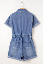 Load image into Gallery viewer, Dusk Blue Chest Pocket Front Buttoned Folded Edge Denim Short Sleeve Romper - Fashion Queen - 5