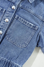 Load image into Gallery viewer, Dusk Blue Chest Pocket Front Buttoned Folded Edge Denim Short Sleeve Romper - Fashion Queen - 7
