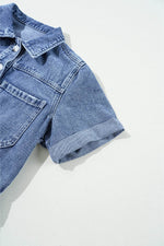 Load image into Gallery viewer, Dusk Blue Chest Pocket Front Buttoned Folded Edge Denim Short Sleeve Romper - Fashion Queen - 8