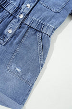 Load image into Gallery viewer, Dusk Blue Chest Pocket Front Buttoned Folded Edge Denim Short Sleeve Romper - Fashion Queen - 9