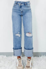 Load image into Gallery viewer, Dusk Blue High Rise Asymmetric Button Zip Fly Ripped Jeans - Fashion Queen - 3