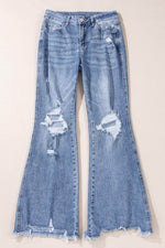 Load image into Gallery viewer, Dusk Blue High Rise Ripped Distressed Hem Flared Jeans - Fashion Queen - 3