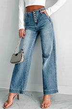 Load image into Gallery viewer, Dusk Blue Multi Buttons Medium Wash Straight Loose Leg Jeans - Fashion Queen - 1