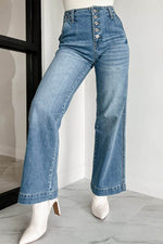 Load image into Gallery viewer, Dusk Blue Multi Buttons Medium Wash Straight Loose Leg Jeans - Fashion Queen - 4