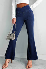 Load image into Gallery viewer, Dusk Blue Solid Crossed Waist High Elastic Fit Flare Knit Jeans - Fashion Queen - 1
