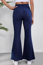 Load image into Gallery viewer, Dusk Blue Solid Crossed Waist High Elastic Fit Flare Knit Jeans - Fashion Queen - 2