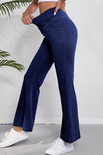 Load image into Gallery viewer, Dusk Blue Solid Crossed Waist High Elastic Fit Flare Knit Jeans - Fashion Queen - 3
