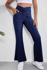 Load image into Gallery viewer, Dusk Blue Solid Crossed Waist High Elastic Fit Flare Knit Jeans - Fashion Queen - 4