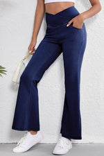 Load image into Gallery viewer, Dusk Blue Solid Crossed Waist High Elastic Fit Flare Knit Jeans - Fashion Queen - 5