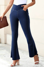 Load image into Gallery viewer, Dusk Blue Solid Crossed Waist High Elastic Fit Flare Knit Jeans - Fashion Queen - 6