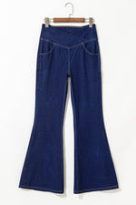Load image into Gallery viewer, Dusk Blue Solid Crossed Waist High Elastic Fit Flare Knit Jeans - Fashion Queen - 8