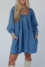 Load image into Gallery viewer, Dusk Blue Square Neck Side Pockets Loose Fit Denim Mini Dress - Fashion Queen - 12