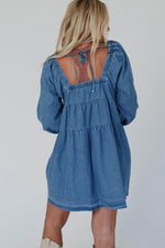 Load image into Gallery viewer, Dusk Blue Square Neck Side Pockets Loose Fit Denim Mini Dress - Fashion Queen - 13