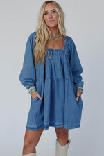 Load image into Gallery viewer, Dusk Blue Square Neck Side Pockets Loose Fit Denim Mini Dress - Fashion Queen - 15
