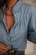 Load image into Gallery viewer, Dusk Blue Turn-down Collar Chambray Shirt - Fashion Queen - 3