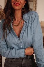 Load image into Gallery viewer, Dusk Blue Turn-down Collar Chambray Shirt - Fashion Queen - 5