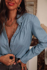 Load image into Gallery viewer, Dusk Blue Turn-down Collar Chambray Shirt - Fashion Queen - 6