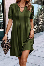 Load image into Gallery viewer, Fern Green Notched Neck Pleated Puff Sleeve Shift T-shirt Dress - Fashion Queen - 1