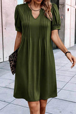 Load image into Gallery viewer, Fern Green Notched Neck Pleated Puff Sleeve Shift T-shirt Dress - Fashion Queen - 10