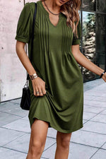 Load image into Gallery viewer, Fern Green Notched Neck Pleated Puff Sleeve Shift T-shirt Dress - Fashion Queen - 11