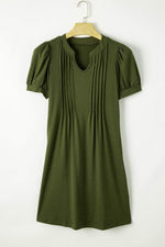 Load image into Gallery viewer, Fern Green Notched Neck Pleated Puff Sleeve Shift T-shirt Dress - Fashion Queen - 12