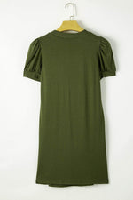 Load image into Gallery viewer, Fern Green Notched Neck Pleated Puff Sleeve Shift T-shirt Dress - Fashion Queen - 13