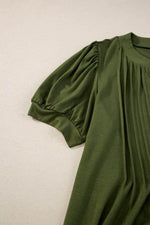 Load image into Gallery viewer, Fern Green Notched Neck Pleated Puff Sleeve Shift T-shirt Dress - Fashion Queen - 15