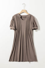 Load image into Gallery viewer, Fern Green Notched Neck Pleated Puff Sleeve Shift T-shirt Dress - Fashion Queen - 29