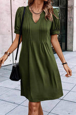 Load image into Gallery viewer, Fern Green Notched Neck Pleated Puff Sleeve Shift T-shirt Dress - Fashion Queen - 3