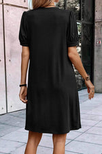 Load image into Gallery viewer, Fern Green Notched Neck Pleated Puff Sleeve Shift T-shirt Dress - Fashion Queen - 5