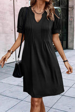 Load image into Gallery viewer, Fern Green Notched Neck Pleated Puff Sleeve Shift T-shirt Dress - Fashion Queen - 6