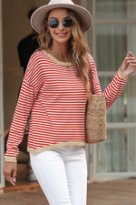 Load image into Gallery viewer, Fiery Red Contrast Trimmed Striped Drop Shoulder Sweater - Fashion Queen - 10