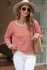 Load image into Gallery viewer, Fiery Red Contrast Trimmed Striped Drop Shoulder Sweater - Fashion Queen - 11
