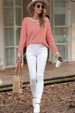 Load image into Gallery viewer, Fiery Red Contrast Trimmed Striped Drop Shoulder Sweater - Fashion Queen - 12