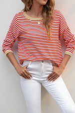 Load image into Gallery viewer, Fiery Red Contrast Trimmed Striped Drop Shoulder Sweater - Fashion Queen - 13