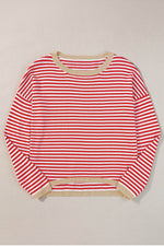 Load image into Gallery viewer, Fiery Red Contrast Trimmed Striped Drop Shoulder Sweater - Fashion Queen - 14