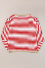 Load image into Gallery viewer, Fiery Red Contrast Trimmed Striped Drop Shoulder Sweater - Fashion Queen - 15