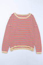 Load image into Gallery viewer, Fiery Red Contrast Trimmed Striped Drop Shoulder Sweater - Fashion Queen - 16