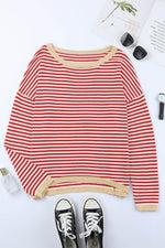 Load image into Gallery viewer, Fiery Red Contrast Trimmed Striped Drop Shoulder Sweater - Fashion Queen - 17