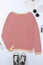 Load image into Gallery viewer, Fiery Red Contrast Trimmed Striped Drop Shoulder Sweater - Fashion Queen - 18