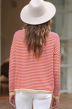 Load image into Gallery viewer, Fiery Red Contrast Trimmed Striped Drop Shoulder Sweater - Fashion Queen - 2