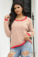 Load image into Gallery viewer, Fiery Red Contrast Trimmed Striped Drop Shoulder Sweater - Fashion Queen - 28