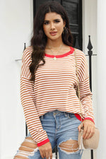 Load image into Gallery viewer, Fiery Red Contrast Trimmed Striped Drop Shoulder Sweater - Fashion Queen - 29